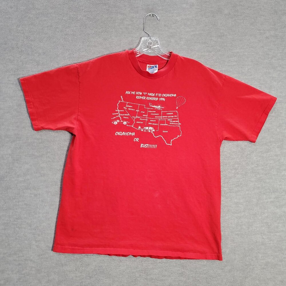 VINTAGE Oklahoma Road Trip Men Shirt L Single Stitch Map Graphic 90s USA Tee